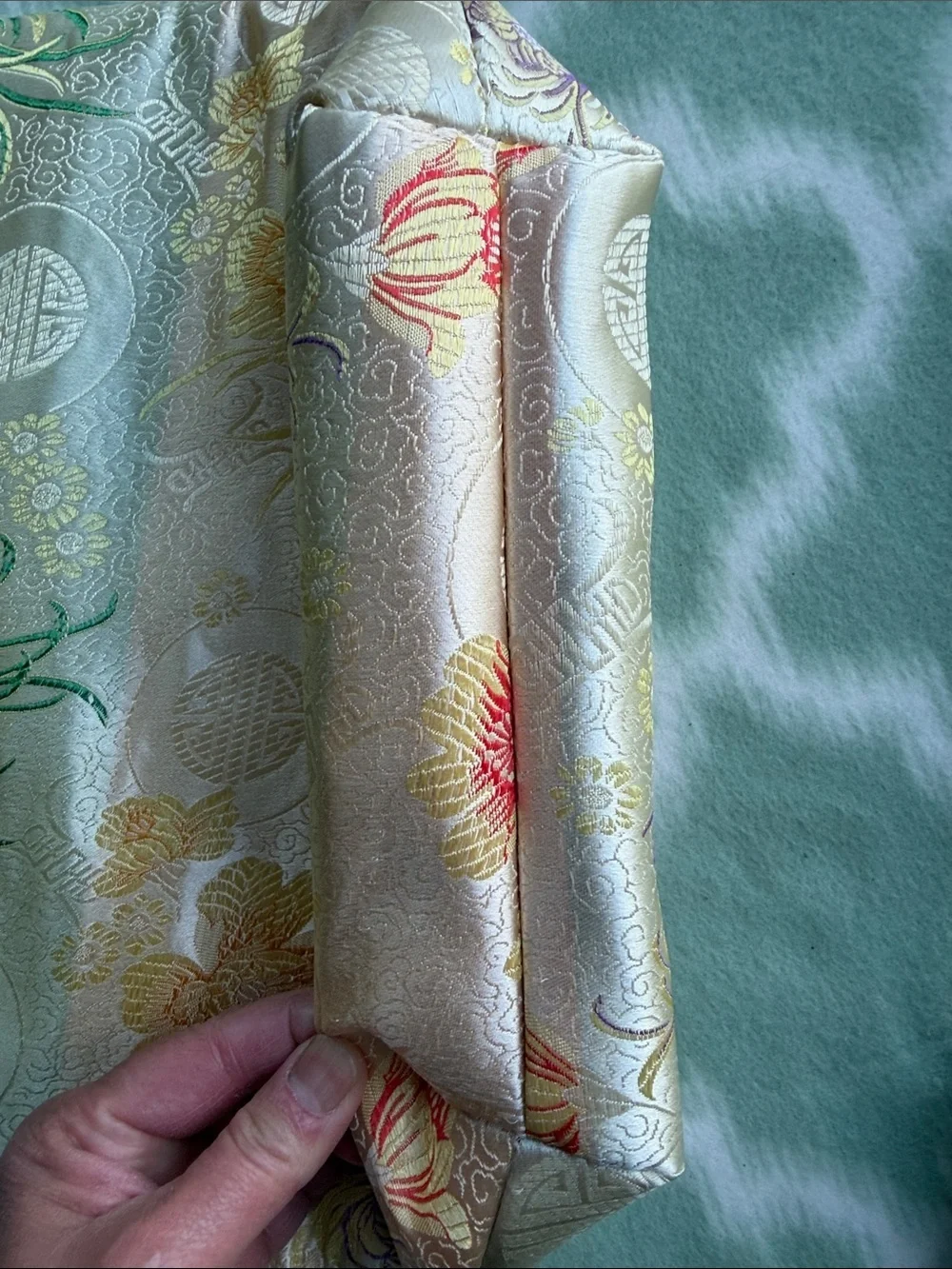 Satin Floral Bamboo-Handle Tote Bag in Ivory and Pastel Asian Auspicious Symbols